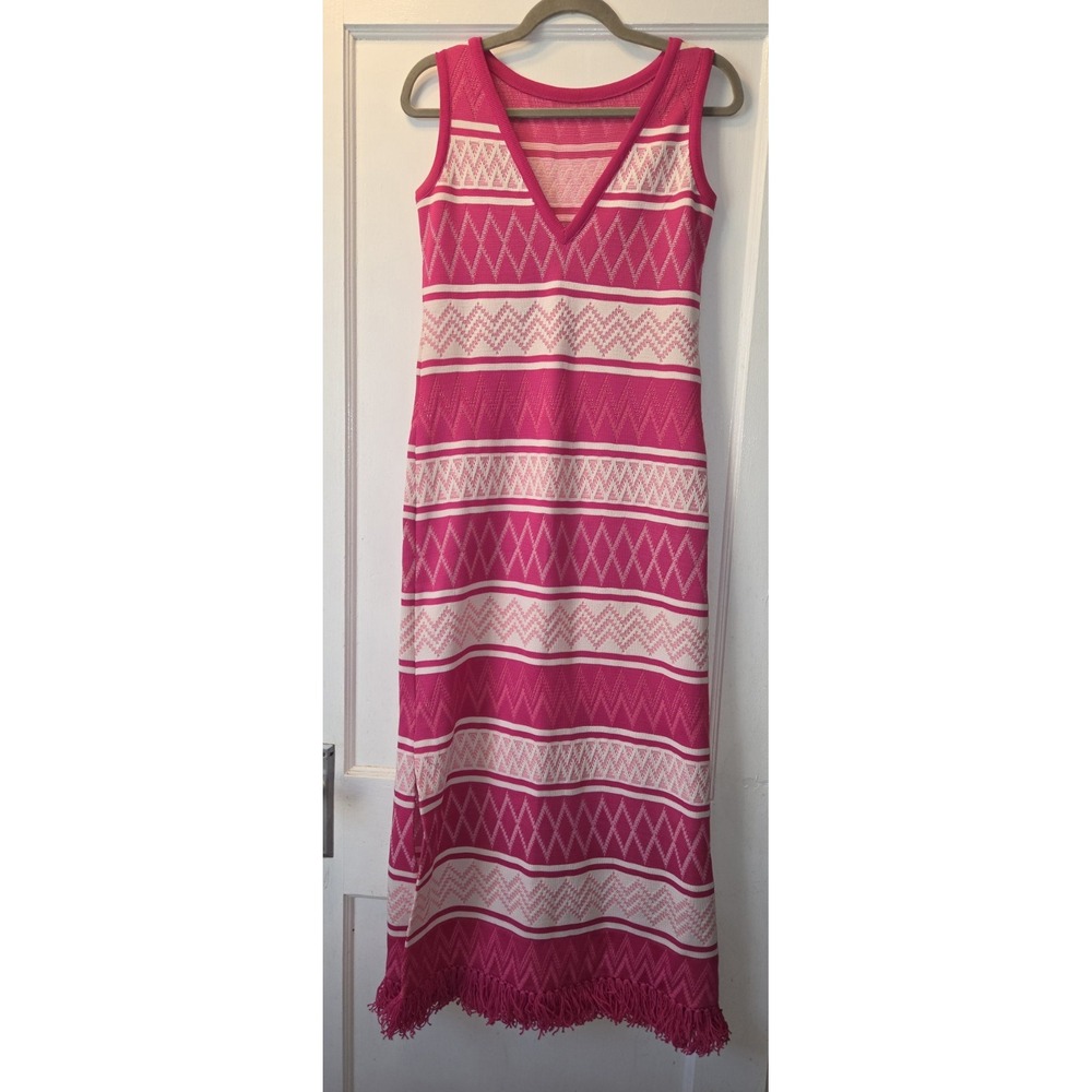 Vintage 70's James Kenrob Bonwit Teller Pink White Geometric Knit Shift Dress 6